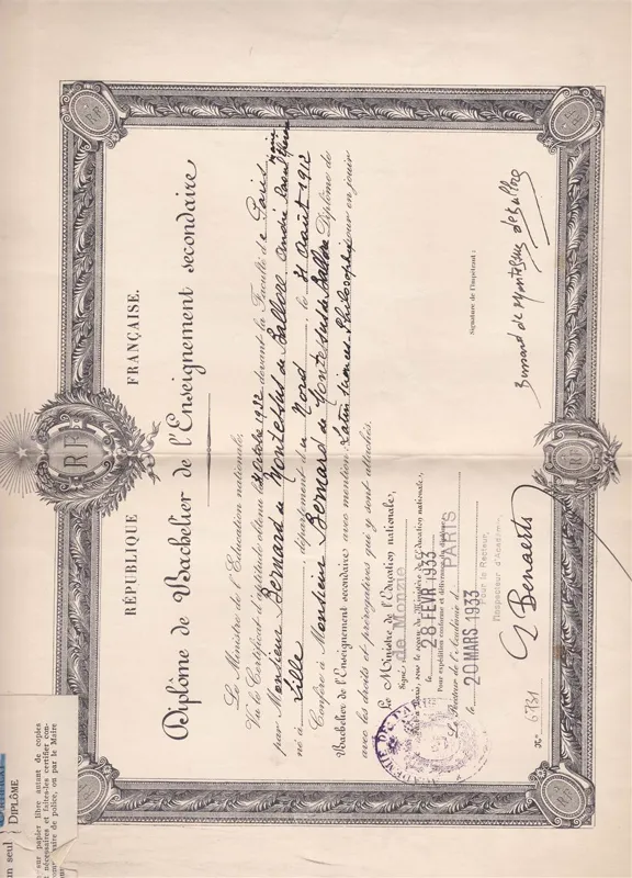 Diplôme du baccalauréat d'André, 1933