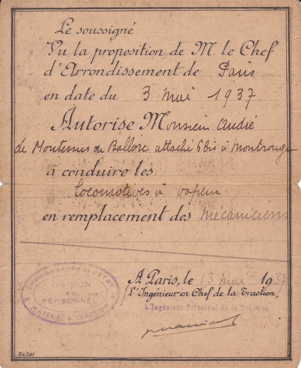 Autorisation de conduire les locomotives à vapeur, 1937