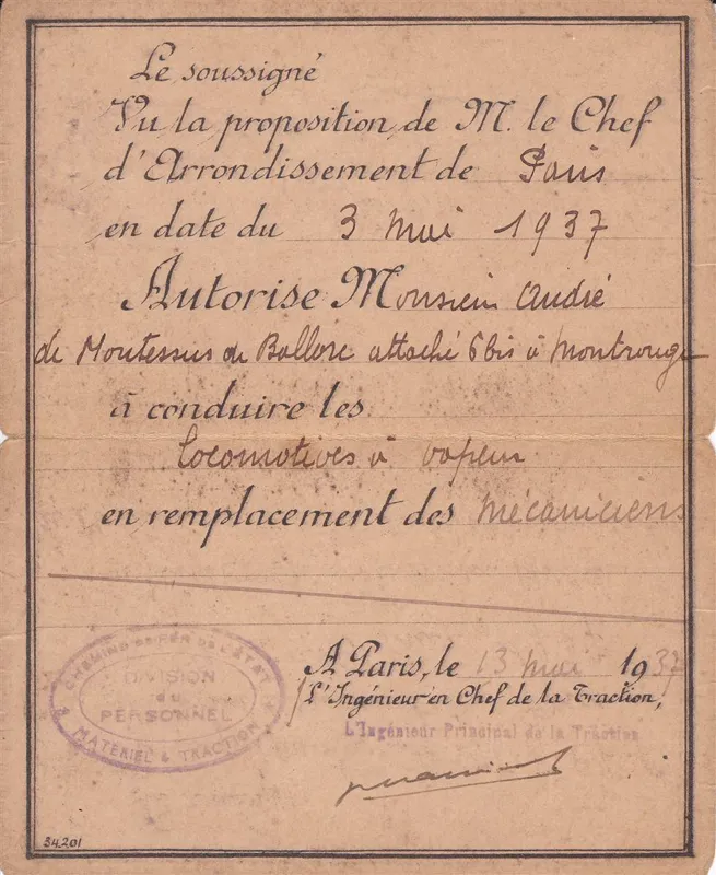 Autorisation de conduire les locomotives à vapeur, 1937