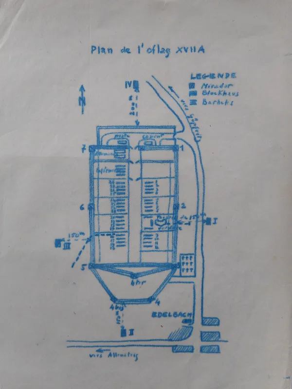 Plan de l'Oflag XVII-A dessiné par un prisonnier, avec le tracé du tunnel d'évasion